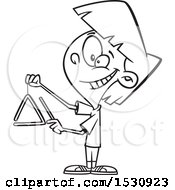 Clipart Of A Cartoon Outline Girl Playing A Triangle Instrument Royalty Free Vector Illustration