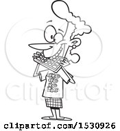 Clipart Of A Cartoon Outline Woman Wearing A Chocolate Shirt And Eating A Bar Royalty Free Vector Illustration