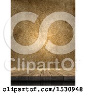 Clipart Of A 3d Wood Surface Against A Vintage Wallpaper Background Royalty Free Illustration