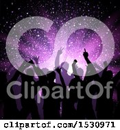 Clipart Of A Silhouetted Crowd Of Dancers Against Purple Lights Royalty Free Vector Illustration
