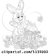 Poster, Art Print Of Black And White Female Easter Bunny Rabbit With A Basket And Eggs In Flowers