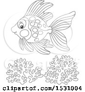 Clipart Of A Black And White Fish Swimming Over Coral Royalty Free Vector Illustration