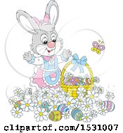 Poster, Art Print Of Cute Gray Female Easter Bunny Rabbit With A Basket And Eggs In Flowers