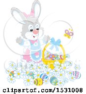Poster, Art Print Of Cute Gray Female Easter Bunny With A Basket And Eggs In Flowers