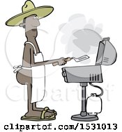 Poster, Art Print Of Cartoon Nude Black Man Wearing An Apron And Cooking On A Bbq Grill