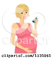 Happy White Pregnant Woman Holding An Asthma Inhaler