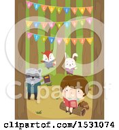 Poster, Art Print Of Boy Reading A Book In The Forest With Animals