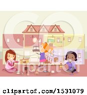 Poster, Art Print Of Group Of Girls Playing With A Doll House And Furniture