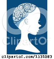 Poster, Art Print Of Silhouette Female Profile With An Ornate Design Over Her Bald Head On Blue