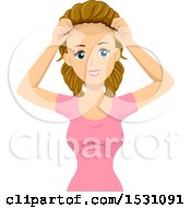 Clipart Of A Teen Girl Putting A Wig On To Cover Her Bald Head Royalty Free Vector Illustration