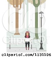 Poster, Art Print Of Teen Girl Using A Laptop On A Park Bench On A Winter Day