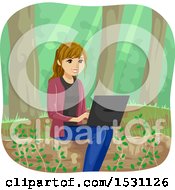 Poster, Art Print Of Happy Young Woman Using A Laptop In The Woods