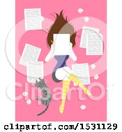 Poster, Art Print Of Female Author Writing A Journal Or Story With Her Cat On Pink