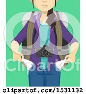 Clipart Of A Broke Female Traveler Turning Out Her Pockets On A Green Background Royalty Free Vector Illustration