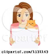 Poster, Art Print Of Teen Girl And Cat Over A Blank Sign