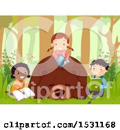 Poster, Art Print Of Group Of Children Reading Books Around A Hibernating Bear
