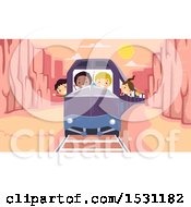 Clipart Of A Group Of Children Riding A Train Through A Canyon Royalty Free Vector Illustration