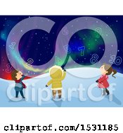 Poster, Art Print Of Group Of Children Looking At Numbers In A Night Sky With Northern Lights