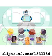 Clipart Of A Group Of Children In Class With A Robot Teacher Holding A Tablet Royalty Free Vector Illustration