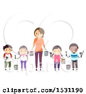 Poster, Art Print Of Group Of Children And Teacher Holding Paint Brushes And Buckets