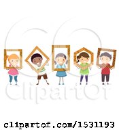 Clipart Of A Group Of Children Holding Wood Frames In Geometric Shapes Royalty Free Vector Illustration