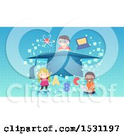 Poster, Art Print Of Group Of School Children Around A Graduation Cap With School Icons Over Pixels