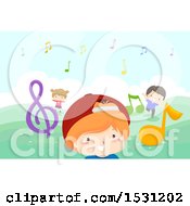 Poster, Art Print Of Group Of Children Playing With Music Notes Outdoors