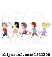 Poster, Art Print Of Group Of Children Carrying Paint Brushes And Buckets