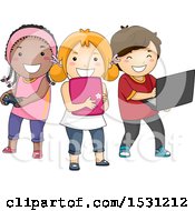 Poster, Art Print Of Group Of Children Using A Video Game Controller Tablet And Laptop