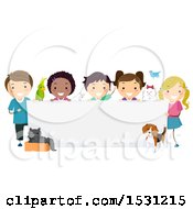 Poster, Art Print Of Group Of Children With Pets Around A Blank Banner Sign