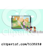 Poster, Art Print Of Group Of Children Following A Teacher On A Path To Ruins In A Tablet Screen