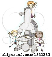 Poster, Art Print Of Sketched Group Of Children Scientists Around A Giant Microscope
