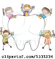 Poster, Art Print Of Sketched Group Of Children With Dental Products Around A Tooth