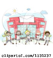 Clipart Of A Sketched Group Of Children In Uniform Cheering In Front Of A Post Office Royalty Free Vector Illustration by BNP Design Studio