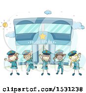 Poster, Art Print Of Sketched Group Of Children In Uniform Cheering In Front Of A Police Station