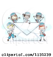 Clipart Of A Sketched Group Of Children In Postal Uniforms Around An Envelope Royalty Free Vector Illustration by BNP Design Studio