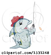 Tuna Fish Mascot Wearing A Hat And Holding A Fishing Pole