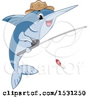 Marlin Fish Mascot Wearing A Hat And Holding A Fishing Pole