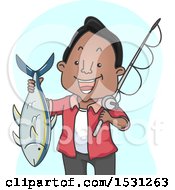 Happy Man Holding A Fishing Pole And A Tuna