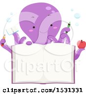 Poster, Art Print Of Purple Octopus Holding School Items Over An Open Book