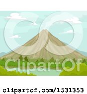 Clipart Of A Lake At The Base Of A Volcano Royalty Free Vector Illustration