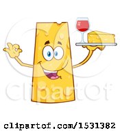 Cheese Character Mascot Holding A Tray With Wine And A Wedge