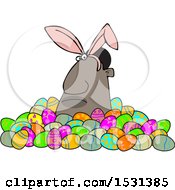 Poster, Art Print Of Grumpy Black Man Wearing Bunny Ears And Popping Out Of A Pile Of Decorated Easter Eggs