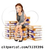 Clipart Of A 3d White Business Woman Sitting On A Stack Of Binders On A White Background Royalty Free Illustration