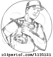 Clipart Of A Sketched Handyman Holding A Cordless Drill Royalty Free Vector Illustration by patrimonio