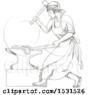 Sketched Female Blacksmith Forging Metal