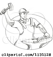 Poster, Art Print Of Sketched Farfier Striking A Horseshoe With A Hammer On An Anvil