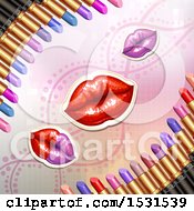 Clipart Of A Lips And Pixel Background With Borders Of Lipstick Tubes Royalty Free Vector Illustration