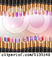 Clipart Of A Pink Pixel Background With Borders Of Lipstick Tubes Royalty Free Vector Illustration by merlinul