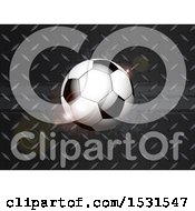 Clipart Of A 3d Soccer Ball With Flares On A Diamond Plate Background Royalty Free Vector Illustration